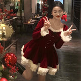 Nukty party look inspos Elegant Velvet Lace Ruffles Patchwork Short Dresses for Women Long Sleeve A-line Korean Fashion Christmas Birthday Party Dress