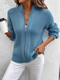 Nukty Long Sleeves Loose Solid Color Split-Joint Zipper Stand Collar Cardigan Tops