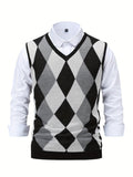 Nukty Men's Argyle Graphic Print Knitted Sleeveless Sweater, Casual V Neck Vest For Outdoor Activities