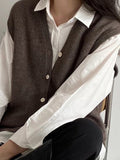 Nukty Loose Sleeveless Buttoned V-neck Knitwear Vest Outerwear