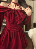 Nukty party look inspos Autumn Y2K Velvet Mini Dress for Women Halter Long Sleeve Birthday Party Dresses Elegant New Kawaii Korea Fashion Vestidos Mujer