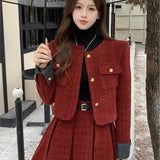 Nukty party look inspos Autumn Winter New Red Tweed Two-piece Skirt Set Women Short Jacket Coat Pleated Mini Skirt Korean Fashion Chic Female Outfits