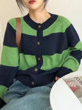 Nukty Casual Buttoned Contrast Color Striped Cardigan Tops