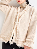 Nukty Long Sleeves Loose Buttoned Fringed Solid Color V-Neck Cardigan Tops