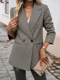 Nukty Loose Three-Quarter Sleeves Buttoned Contrast Color Plaid Pockets Notched Collar Blazer Outerwear