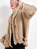 Nukty Long Sleeves Loose Buttoned Fringed Solid Color V-Neck Cardigan Tops