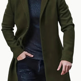 Nukty Men'S Casual Midi-Length Blend Coat, Polyester Lined, Non-Stretch Fabric, Solid Color, Long Sleeve, with Slit Hem, Single Breasted Placket, Lapel Collar, for Fall/Winter Collection