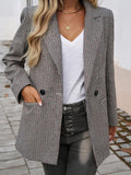 Nukty Loose Three-Quarter Sleeves Buttoned Contrast Color Plaid Pockets Notched Collar Blazer Outerwear