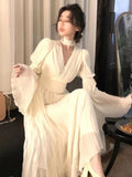 Nukty party look inspos French Pleated Long Sleeve Dresses for Women 2024 Elegant V Neck Flare Sleeve Ruffles Midi Vestiods Mujer Autumn Vintage Clothes