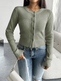 Nukty Long Sleeves Buttoned Solid Color Round-Neck Cardigan Tops