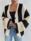 Nukty Flared Sleeves Long Sleeves Buttoned Contrast Color Striped V-Neck Cardigan Tops