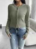 Nukty Long Sleeves Buttoned Solid Color Round-Neck Cardigan Tops