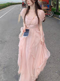 Nukty party look inspos French Fairy Chiffon Midi Dress Women Short Sleeve Casual Boho Beach Sundress Women Pink Elegant Korean Dress 2025 Summer Chic