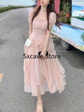 Nukty party look inspos French Fairy Chiffon Midi Dress Women Short Sleeve Casual Boho Beach Sundress Women Pink Elegant Korean Dress 2025 Summer Chic