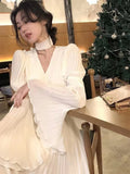 Nukty party look inspos French Pleated Long Sleeve Dresses for Women 2024 Elegant V Neck Flare Sleeve Ruffles Midi Vestiods Mujer Autumn Vintage Clothes