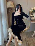 Nukty party look inspos Vintage Bodycon Black Velvet Mermaid Party Dress Women Elegant Square Collar Lace Patchwork Evening Vestidos Autumn Prom Robe