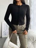 Nukty Long Sleeves Buttoned Solid Color Round-Neck Cardigan Tops