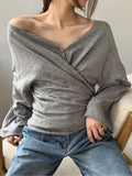 Nukty Long Sleeves Loose Buttoned Solid Color V-Neck Cardigan Tops