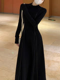 Nukty party look inspos Women Elegant Casual Long Sleeve Dress Autumn Black Vintage Solid Chic Holiday A-Line Party Dresses Female Fashion Vestidos Robe