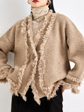 Nukty Long Sleeves Loose Buttoned Fringed Solid Color V-Neck Cardigan Tops