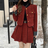 Nukty party look inspos Autumn Winter New Red Tweed Two-piece Skirt Set Women Short Jacket Coat Pleated Mini Skirt Korean Fashion Chic Female Outfits