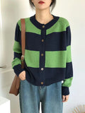 Nukty Casual Buttoned Contrast Color Striped Cardigan Tops