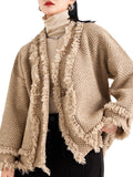 Nukty Long Sleeves Loose Buttoned Fringed Solid Color V-Neck Cardigan Tops