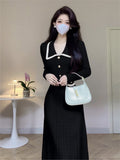 Nukty party look inspos French Solid Autumn Winter Knitted Dress Elegant Women New Peter Pan Collar High Waist Long Dress Lady Office Sweater Vestidos