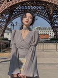 Nukty party look inspos French Pleated Long Sleeve Dresses for Women 2024 Elegant V Neck Flare Sleeve Ruffles Midi Vestiods Mujer Autumn Vintage Clothes