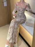 Nukty party look inspos Sexy Women Elegant Bodycon Slim Lace Dress Vintage Casual Backless Bandage Party Dress Female Fashion Long Robe Clothes Spring