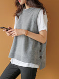 Nukty Simple Sleeveless Loose Buttoned Solid Color Round-Neck Sweater Vest Outerwear