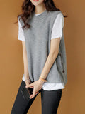 Nukty Simple Sleeveless Loose Buttoned Solid Color Round-Neck Sweater Vest Outerwear