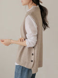 Nukty Simple Sleeveless Loose Buttoned Solid Color Round-Neck Sweater Vest Outerwear