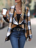 Nukty Long Sleeves Loose Contrast Color Plaid Split-Joint Collarless Outerwear