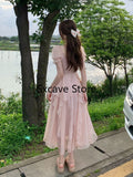 Nukty party look inspos French Fairy Chiffon Midi Dress Women Short Sleeve Casual Boho Beach Sundress Women Pink Elegant Korean Dress 2025 Summer Chic