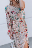 Nukty - Casual Print Patchwork One Shoulder Irregular Dress Dresses