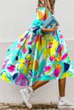 Nukty - Casual Print Patchwork Turndown Collar Cake Skirt Dresses(11 Colors)