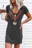 Nukty - Loose V-Neck Eagle Print Short Sleeves Mini Dress