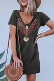 Nukty - Loose V-Neck Eagle Print Short Sleeves Mini Dress