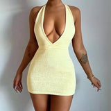 Nukty Summer Fashion Yellow Sexy V Nexk Knitted Mini Dress for Women Elegant  Sleeveless Backless Club Party Holiday Dresses