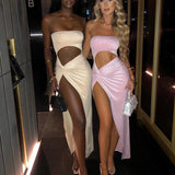 Nukty Sexy Strapless Cut Out High Slit Party Glitter Maxi Dress for Women Summer Elegant Backless Dresses Ladies Vestido Outfits