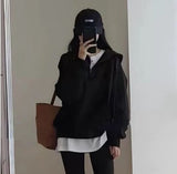 Nukty Women Asymmetric Hem Solid Black White Autumn Sweatshirt Fashion Hoodies Oversize Loose Streetwear Patchwork Hooded Pullover Top