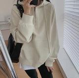 Nukty Women Asymmetric Hem Solid Black White Autumn Sweatshirt Fashion Hoodies Oversize Loose Streetwear Patchwork Hooded Pullover Top