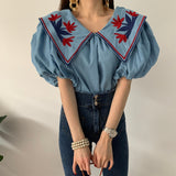 Vintage Ethnic Style Flower Embroidey Blouses Women Summer Lantern Sleeve Loose Denim Shirt Femme Tops Blusas