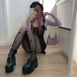 Nukty Lolita Goth Lace Stockings Women Harajuku Tights Elastic High Waist Pantyhose Hollow Sexy Leggings with Bowknot 90s