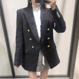 Nukty Blazer Women Traf Fashion Metal Double Breasted Woollen Blazers Coat Vintage Long Sleeve Female Outerwear Chic Tops