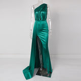 One Shoulder Satin Maxi Dress Hollow Out Slit Leg Sexy Long Evening Party Dress Gown Green Burgundy