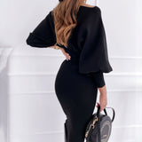 Nukty Fashion O-neck Long Sleeve Pencil Dress Women Autumn Winter Black Pink Bodycon Elegant Office Woman Dresses Robe Femme