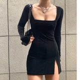 Women's retro velvet long-sleeved mini dress female Korean spring and autumn velvet purple red black short Vestidos streetwea