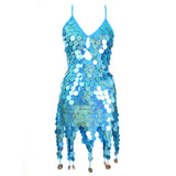 Nukty Women Boho Sequin Fish Scales Tassel Dress Belly Dance Performance Sparkly Dress Festival Clothes Rave Party Costume